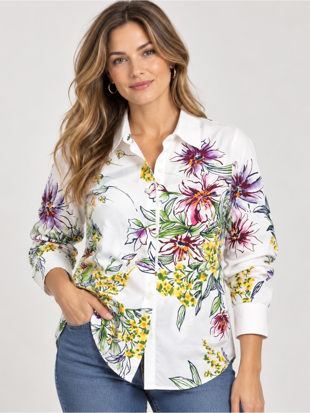 Orvis White Floral Button-Down Shirt with Purple & Yellow Blooms